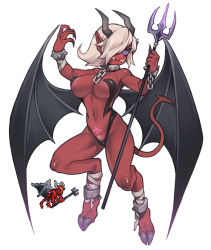 Rule 34 | 1girl, black horns, black wings, breasts, chain, claws, colored sclera, colored skin, cuffs, demon girl, demon horns, demon tail, demon wings, female pubic hair, highres, horns, lingerie, looking at viewer, medium breasts, medium hair, monster girl, nyong nyong, one eye covered, personification, pointy ears, polearm, pubic hair, purple eyes, pussy, pussy peek, red devil (terraria), red skin, shackles, sharp teeth, solo, tail, tattoo, teeth, terraria, trident, underwear, weapon, white hair, wings