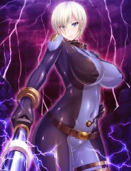 Rule 34 | 00s, 1girl, blonde hair, blue eyes, blue lips, bodysuit, breasts, covered navel, electricity, female focus, impossible bodysuit, impossible clothes, inverted nipples, large breasts, laura flockhart, lilith-soft, looking at viewer, miyamoto issa, nipples, short hair, taimanin (series), taimanin asagi kessen arena, weapon