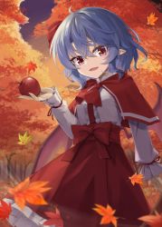 Rule 34 | 1girl, :d, ahoge, akisome hatsuka, alternate costume, apple, autumn, autumn leaves, bat wings, blue hair, capelet, center frills, commentary, crossed bangs, food, frills, fruit, highres, holding, holding food, holding fruit, leaf, looking at viewer, maple leaf, open mouth, outdoors, pointy ears, red apple, red capelet, red eyes, red skirt, remilia scarlet, shirt, short hair, skirt, smile, solo, standing, touhou, tree, white shirt, wings