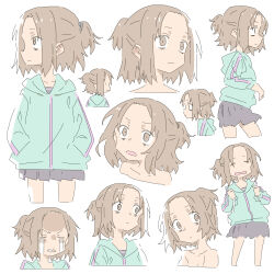 Rule 34 | 1girl, absurdres, aqua jacket, bags under eyes, brown eyes, brown hair, character sheet, closed eyes, crying, expressionless, expressions, female focus, flat color, hands in pockets, highres, hood, hood down, hooded jacket, jacket, masikakuma, one side up, open mouth, original, pale color, profile, simple background, skirt, solo, streaming tears, tears, white background