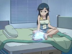 Rule 34 | 1girl, animated, animated gif, bare legs, barefoot, bed, black hair, blue hair, controller, etou mei, feet, gakuen utopia manabi straight!, green eyes, kicking, legs, lying, on bed, on side, screencap, shorts, soles, solo, tank top, thighs