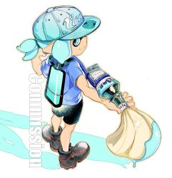 Rule 34 | 1girl, absurdres, baseball cap, black footwear, black shirt, blue eyes, blue headwear, blue shirt, closed mouth, commentary, from above, hat, heatinsulator, highres, holding, holding weapon, ink tank (splatoon), inkbrush (splatoon), inkling, inkling girl, inkling player character, nintendo, paint, pointy ears, print headwear, shadow, shirt, shoes, short hair, simple background, smile, splatoon (series), splatoon 3, symbol-only commentary, tentacle hair, watermark, weapon, white background