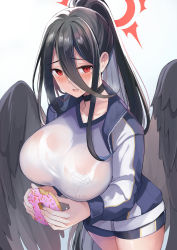 Rule 34 | 1girl, black hair, black wings, blue archive, blue jacket, blue shorts, blush, breasts, choker, collarbone, doughnut, feathered wings, food, hair between eyes, halo, hasumi (blue archive), hasumi (track) (blue archive), high ponytail, highres, huge breasts, jacket, konka, long hair, long sleeves, looking at viewer, low wings, mole, mole under eye, open mouth, red eyes, shirt, short shorts, shorts, simple background, solo, thighs, very long hair, white background, white shirt, wings