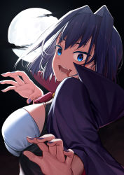 Rule 34 | 1girl, absurdres, black cloak, blood, blood on face, blue eyes, blue hair, breasts, cloak, cloud, collared cloak, commentary, english commentary, erezu, fangs, full moon, hair intakes, halloween, highres, hololive, hololive english, large breasts, looking at viewer, looking to the side, moon, nail polish, night, open mouth, ouro kronii, shirt, short hair, solo, upper body, vampire, vampire costume, virtual youtuber, white shirt