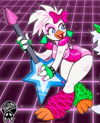 Rule 34 | 2girls, ass, beak, blue eyes, bow, breasts, colored skin, cropped, earrings, electric guitar, feathers, fingerless gloves, five nights at freddy&#039;s, five nights at freddy&#039;s: security breach, furry, glamrock chica, gloves, green gloves, guitar, hair bow, highres, instrument, jen lum, jewelry, leotard, medium breasts, multiple girls, pink leotard, playing guitar, white feathers, white skin