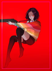 Rule 34 | 1girl, 254-nm, animification, black hair, black shorts, black thighhighs, commentary request, gun, highres, holding, holding gun, holding weapon, invisible chair, k-pop, korean commentary, looking at viewer, multicolored shirt, real life, red background, red eyes, red lips, red velvet (group), short hair, shorts, simple background, sitting, solo, thighhighs, weapon, yeri (red velvet)