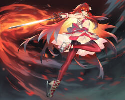 Rule 34 | 1girl, blue eyes, commentary request, fire, flaming weapon, flower, full body, highres, holding, holding sword, holding weapon, ice skates, long hair, looking at viewer, mouth hold, murakami hisashi, pantyhose, pretty rhythm, pretty rhythm rainbow live, pretty series, rapier, red flower, red hair, red pantyhose, red rose, renjouji beru, rose, skates, solo, standing, standing on one leg, striped clothes, striped pantyhose, sword, two-tone dress, vertical-striped clothes, vertical-striped pantyhose, weapon, white footwear