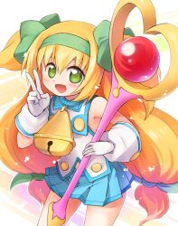 Rule 34 | 1girl, :d, bell, blazblue, blonde hair, blue skirt, blush, bow, buttons, commentary request, cowboy shot, emurin, flat chest, gloves, green bow, green eyes, green hairband, hair between eyes, hair bow, hairband, heart, heart-shaped pupils, highres, holding, holding staff, long hair, looking at viewer, low-tied long hair, miniskirt, muchourin, multiple hair bows, neck bell, open mouth, platinum the trinity, pleated skirt, quad tails, shirt, skirt, sleeveless, sleeveless shirt, smile, solo, staff, symbol-shaped pupils, v, very long hair, white gloves, white shirt
