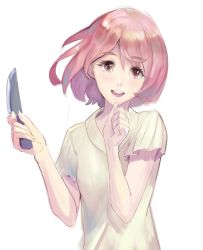Rule 34 | 1girl, :d, hair between eyes, hidezi, knife, looking at viewer, open mouth, pink eyes, pink hair, short hair, simple background, smile, solo, white background