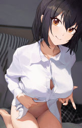 Rule 34 | &gt;:), 1girl, barefoot, black hair, black skirt, blush, bottomless, breasts, brown eyes, button gap, closed mouth, collared shirt, commentary request, copyright request, dress shirt, highres, kawaii hito, large breasts, long sleeves, looking at viewer, naked shirt, no bra, on bed, one-hour drawing challenge, partially unbuttoned, pillow, plaid, plaid skirt, shirt, short hair, skirt, unworn skirt, smile, solo, thigh gap