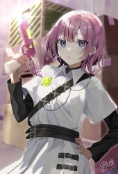 Rule 34 | 1girl, :o, absurdres, belt, black belt, black shirt, box, dress, gun, hair ornament, hairclip, highres, holding, holding gun, holding weapon, layered sleeves, long sleeves, nowatari pu2, open mouth, purple eyes, shirt, short hair, short over long sleeves, short sleeves, smiley face, solo, standing, upper body, weapon, white dress, zutto mayonaka de ii no ni