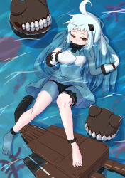 Rule 34 | 10s, 1girl, abyssal ship, ahoge, anklet, barefoot, black panties, brown eyes, cannon, collar, dress, enemy aircraft (kancolle), groin, highres, horns, jewelry, kantai collection, long hair, mittens, northern ocean princess, open mouth, pale skin, panties, partially submerged, shinako, solo, spiked collar, spikes, underwear, white dress, white hair