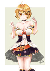 Rule 34 | 1girl, absurdres, ahoge, bare shoulders, bat hair ornament, blonde hair, blush, breasts, choker, cleavage, closed mouth, collarbone, dated, dress, fang, frilled dress, frills, gem, gold trim, hair ornament, hairclip, highres, hololive, large breasts, looking at viewer, medium hair, miniskirt, nakura haru, navel, revealing clothes, see-through, signature, simple background, skin fang, skirt, smile, solo, thighs, virtual youtuber, yellow eyes, yozora mel, yozora mel (1st costume)