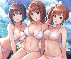 Rule 34 | 3girls, :d, ahoge, arm support, arms behind back, bare arms, bare shoulders, bikini, black hair, blush, braid, breasts, brown eyes, brown hair, cleavage, cloud, collarbone, commentary request, day, hair intakes, hair ribbon, hand on own chest, highres, idolmaster, idolmaster cinderella girls, igarashi kyoko, kohinata miho, large breasts, leaning to the side, long hair, looking at viewer, medium breasts, multiple girls, navel, ocean, open mouth, outdoors, pink check school, ribbon, rock, shimamura uzuki, short hair, side braid, side ponytail, sitting, smile, sparkle, stomach, swimsuit, u rin, underboob, water, white bikini, white ribbon