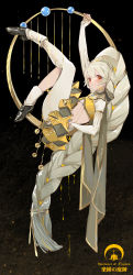 Rule 34 | 1girl, absurdres, asymmetrical clothes, blush, braid, commentary request, dark background, dripping, earrings, elbow gloves, fingerless gloves, gloves, highres, jewelry, long hair, looking at viewer, pandako, pixiv fantasia, pixiv fantasia age of starlight, platinum blonde hair, red eyes, single braid, single pantsleg, smile, solo, very long hair