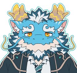 Rule 34 | 1boy, absurdres, animal ear fluff, aqua hair, aqua skin, beard, chibi, closed mouth, coat, dragon boy, dragon horns, facial hair, full beard, furry, furry male, highres, horns, huge eyebrows, looking at viewer, male focus, mature male, multicolored hair, necktie, open clothes, open coat, outline, portrait, qinglong (housamo), shirt, slit pupils, solo, striped necktie, thick beard, tokyo houkago summoners, two-tone beard, two-tone hair, white background, white hair, white shirt, yed (yedsilent), yellow eyes