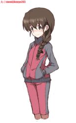Rule 34 | 1girl, alternate costume, black ribbon, blush, braid, brown eyes, brown hair, closed mouth, commentary, cropped legs, girls und panzer, hair ornament, hair over shoulder, hair ribbon, hairclip, hands in pockets, jacket, kayabakoro, long hair, looking to the side, one-hour drawing challenge, pants, red jacket, red pants, ribbon, rukuriri (girls und panzer), simple background, single braid, smile, solo, standing, track jacket, track pants, track suit, white background