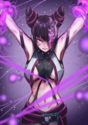 Rule 34 | 1girl, absurdres, arms up, black hair, breasts, collar, commentary request, crop top, diagonal bangs, drill hair, eyes visible through hair, glowing, glowing eyes, hair over one eye, han juri, heterochromia, highres, looking at viewer, medium breasts, medium hair, momo juice, multicolored hair, navel, pink eyes, pink hair, pink lips, restrained, revealing clothes, smile, solo, spiked collar, spikes, streaked hair, street fighter, street fighter 6, teeth, twin drills, twintails, two-tone hair