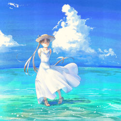 Rule 34 | 1girl, alternate costume, arms behind back, ayanami (kancolle), blush, brown hair, cloud, day, dress, grin, hat, high heels, highres, kantai collection, long hair, nogiguchi kohiro, ocean, outdoors, ponytail, sailor collar, sandals, side ponytail, sky, smile, solo, standing, standing on liquid, straw hat, sundress, very long hair, water, white dress