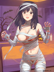 Rule 34 | 1girl, a1 (initial-g), areola slip, bandaged arm, bandaged head, bandaged leg, bandages, blush, breasts, brown eyes, brown hair, claw pose, halloween, halloween costume, highres, ichijou hotaru, large breasts, long hair, looking at viewer, mummy, mummy costume, naked bandage, non non biyori, solo, standing, swept bangs