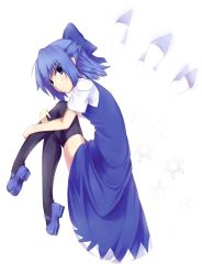 Rule 34 | 1girl, ban (bannyata), black thighhighs, blue eyes, blue hair, bow, cirno, embodiment of scarlet devil, female focus, full body, hair bow, highres, legs, mary janes, matching hair/eyes, shoes, short hair, solo, thighhighs, touhou, white background, wings