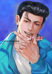 Rule 34 | 1boy, black eyes, black hair, blue background, blue jacket, character request, commentary request, copyright request, flower, flower in mouth, gun, hand on own chin, handgun, highres, jacket, looking at viewer, male focus, open clothes, open jacket, portrait, ppang sik, shirt, solo, tagme, weapon, white shirt