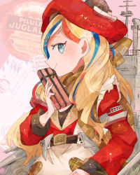 Rule 34 | 10s, 1girl, belt, beret, blonde hair, blue eyes, blue hair, box, brown scarf, commandant teste (kancolle), gift, gift box, hat, holding, holding gift, itomugi-kun, kantai collection, long hair, long sleeves, machinery, multicolored hair, plaid, plaid scarf, red hair, scarf, smile, solo, streaked hair, valentine, white hair