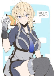 Rule 34 | 1girl, blonde hair, blue eyes, blue neckerchief, blue shirt, blush, breasts, burger, collared shirt, dated, denim, denim skirt, eating, food, gloves, gradient neckerchief, gradient necktie, grey necktie, hair between eyes, hair ornament, hairclip, highres, kantai collection, large breasts, long hair, medium hair, neckerchief, necktie, pencil skirt, shirt, signature, sitting, skirt, smile, solo, taira yuuki, tuscaloosa (kancolle), twitter username, two-tone gloves, white gloves