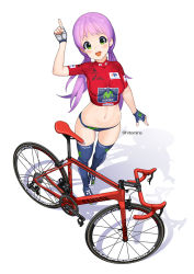 Rule 34 | 1girl, bicycle, bike jersey, blue thighhighs, blush, clothes writing, commentary, crop top, fingerless gloves, from above, gloves, green eyes, hitomi kazuya, long hair, looking at viewer, looking up, low twintails, midriff, navel, open mouth, original, purple hair, shoes, simple background, smile, sneakers, solo, thighhighs, twintails