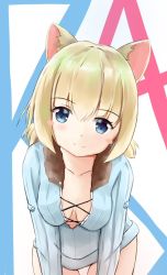 Rule 34 | 1girl, animal ears, ash arms, b-4 (ash arms), blonde hair, blue eyes, blush stickers, breasts, cat ears, collarbone, highres, looking at viewer, open clothes, open shirt, short hair, short twintails, simple background, smile, solo, twintails