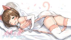 Rule 34 | 1girl, animal ears, ass, bare shoulders, blush, breast press, bridal veil, bride, brown hair, cat ears, commentary request, dress, elbow gloves, finger to mouth, flower, garter straps, gloves, green eyes, highres, idolmaster, looking at viewer, lying, maekawa miku, neo-masterpeacer, on stomach, one eye closed, open mouth, smile, solo, strapless, strapless dress, thighhighs, veil, wedding dress, white dress, white gloves, white thighhighs