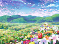 Rule 34 | aoha (twintail), cloud, female focus, field, flower, flower field, landscape, mountain, no humans, scenery, sky, touhou