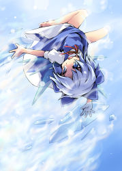 Rule 34 | 1girl, barefoot, blue eyes, blue hair, cirno, dress, embodiment of scarlet devil, fairy, female focus, flying, gradient background, ham (points), ice, icicle, matching hair/eyes, ribbon, sky, solo, sunlight, touhou, upside-down