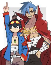 Rule 34 | 2boys, animal, animal on head, arm up, bandaged arm, bandages, black hair, blue eyes, blue hair, bodypaint, boota (ttgl), cape, core drill, goggles, goggles on head, grin, hand in pocket, highres, index finger raised, jacket, kamina (ttgl), looking at viewer, male focus, mole (animal), multiple boys, on head, open clothes, open jacket, pants, potomithu, red cape, simon (ttgl), smile, spiked hair, tengen toppa gurren lagann, two-tone background