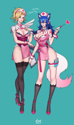 Rule 34 | 2girls, ahri (league of legends), alternate costume, animal ears, aqua background, black socks, blonde hair, blue background, blue eyes, blue hair, breasts, citemer, cleavage, cleavage cutout, clothing cutout, corset, cross, crossover, detached collar, english text, eyelashes, facial mark, fingernails, fish, fox ears, fox tail, full body, groin, hair between eyes, hat, highres, kneehighs, lace, lace-trimmed legwear, lace trim, league of legends, legs apart, lips, long fingernails, long hair, medium breasts, mercy (overwatch), multiple girls, nail polish, overwatch, overwatch 1, parted bangs, pink hat, red cross, simple background, socks, tail, tattoo, thigh strap, thighhighs, thighs, whisker markings, yellow eyes