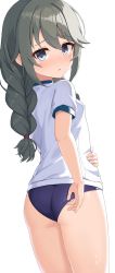 Rule 34 | 1girl, adjusting buruma, adjusting clothes, ass, blue buruma, blue eyes, blush, braid, buruma, commentary request, ginka (gink a), green hair, gym shirt, gym uniform, hair between eyes, highres, long hair, looking at viewer, looking back, low twintails, nose blush, parted lips, princess connect!, puffy short sleeves, puffy sleeves, shirt, short sleeves, simple background, solo, twin braids, twintails, white background, white shirt, yuni (princess connect!), yuni (real) (princess connect!)