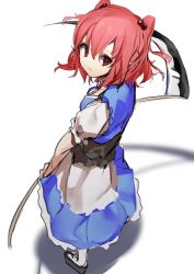 Rule 34 | 1girl, black footwear, blue dress, closed mouth, dress, from above, full body, highres, holding, holding scythe, looking at viewer, onozuka komachi, pocche-ex, red eyes, red hair, scythe, short hair, short sleeves, simple background, smile, solo, standing, touhou, two side up, white background, white legwear