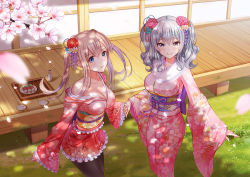 Rule 34 | 10s, 2girls, animal print, architecture, arm at side, bare shoulders, black legwear, blonde hair, blue eyes, blush, bottle, branch, breasts, cherry blossoms, cleavage, closed mouth, dango, east asian architecture, eyebrows, floral print, flower, food, frilled sleeves, frills, from above, fur collar, furisode, graf zeppelin (kancolle), grass, grey eyes, grey hair, hair between eyes, hair flower, hair ornament, highres, holding hands, japanese clothes, kantai collection, kanzashi, kashima (kancolle), kimono, large breasts, long sleeves, looking at viewer, ltt challenger, md5 mismatch, multiple girls, obi, off shoulder, outdoors, pantyhose, petals, pink flower, plate, print kimono, red flower, sake bottle, sanshoku dango, sash, shade, short kimono, sliding doors, smile, standing, tokkuri, tray, tree shade, twintails, two side up, veranda, wagashi, wavy hair, wide sleeves, wooden floor