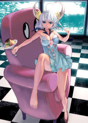 Rule 34 | 1girl, :p, ahoge, argyle, argyle clothes, argyle cutout, armchair, barefoot, blue eyes, breasts, chair, cleavage, cleavage cutout, clothing cutout, commentary request, detached collar, dress, feet, food, full body, highres, horns, kouno (masao), large breasts, original, pudding, shoes, short hair, silver hair, single shoe, sitting, sleeveless, sleeveless dress, smile, solo, spoon, tongue, tongue out