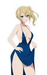 Rule 34 | 1girl, bare shoulders, blonde hair, blue dress, blue eyes, blue nails, blush, breasts, cleavage, clothes lift, coro fae, cowboy shot, dress, dress lift, embarrassed, evening gown, hair between eyes, hand on own hip, hayasaka ai, highres, kaguya-sama wa kokurasetai ~tensai-tachi no renai zunousen~, lifting own clothes, looking at viewer, medium breasts, nail polish, no bra, paid reward available, plunging neckline, revealing clothes, side ponytail, simple background, solo, sweatdrop, thighs, white background