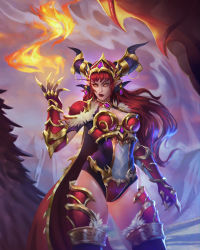 Rule 34 | 1girl, alexstrasza, dragon girl, fire, highres, horns, magic, orange eyes, pointy ears, red hair, solo, tagme, warcraft, world of warcraft