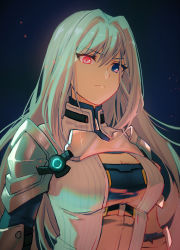 Rule 34 | 1girl, armor, blue eyes, breast tattoo, breasts, cleavage, cleavage cutout, clothing cutout, ethel (xenoblade), fuwamoko momen toufu, heterochromia, highres, large breasts, long hair, red eyes, shoulder armor, silver hair, solo, tattoo, very long hair, xenoblade chronicles (series), xenoblade chronicles 3