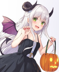Rule 34 | 1girl, :d, absurdres, basket, black dress, blush, collarbone, demon tail, demon wings, dress, fang, floating hair, green eyes, halloween, halloween bucket, halloween costume, highres, holding, holding basket, horns, long hair, looking at viewer, nail polish, open mouth, original, purple wings, red nails, silver hair, sleeveless, sleeveless dress, smile, solo, tail, tsuchikure, very long hair, white background, wings
