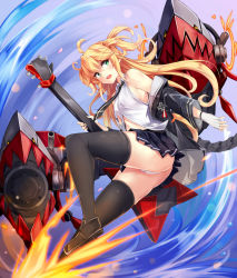 Rule 34 | 1girl, admiral hipper (azur lane), admiral hipper (muse) (azur lane), ahoge, ass, azur lane, bare shoulders, black skirt, black thighhighs, blonde hair, blouse, blush, breasts, brown footwear, electric guitar, fingerless gloves, floating hair, from side, gloves, green eyes, guitar, highres, holding, holding instrument, idol, instrument, irohara, loafers, long hair, looking at viewer, miniskirt, necktie, open mouth, panties, pleated skirt, rigging, shirt, shoes, skindentation, skirt, sleeveless, sleeveless shirt, thighhighs, two side up, underwear, white panties, white shirt