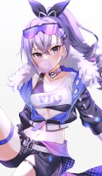 Rule 34 | 1girl, absurdres, black jacket, black shorts, breasts, blowing bubbles, choker, commentary request, crop top, cropped jacket, drill hair, gradient background, grey background, hair ornament, hair ribbon, hairclip, highres, honkai: star rail, honkai (series), jacket, long hair, looking at viewer, medium breasts, midriff, miyakoto, navel, off shoulder, ponytail, purple eyes, purple hair, ribbon, shirt, short shorts, shorts, silver wolf (honkai: star rail), single-shoulder shirt, single bare shoulder, solo, stomach, thigh strap, thighs, white background