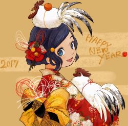 Rule 34 | 1girl, 2017, animal, animal on head, bird, blue eyes, blue hair, brown background, chicken, chinese zodiac, english text, floral print, flower, food, fruit, hair flower, hair ornament, hairclip, highres, japanese clothes, kimono, looking at viewer, looking back, mandarin orange, obi, on head, open mouth, red kimono, rooster, sako (35s 00), sash, smile, solo, swept bangs, year of the rooster