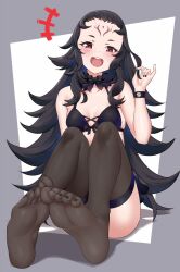 Rule 34 | 1girl, bare shoulders, black hair, black nails, black thighhighs, bra, breasts, feet, fire emblem, fire emblem fates, foot focus, highres, igni tion, long hair, nail polish, nintendo, nyx (fire emblem), open mouth, small breasts, soles, teeth, thighhighs, toenail polish, toenails, underwear, upper teeth only