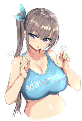 Rule 34 | 1girl, absurdres, blush, bra, breasts, brown hair, cleavage, collarbone, copyright request, hair ribbon, hanasaka houcha, highres, large breasts, long hair, navel, open mouth, purple eyes, ribbon, simple background, solo, sports bra, sportswear, underwear, white background