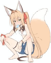 Rule 34 | 1girl, animal ear fluff, animal ears, barefoot, bikini, bikini under clothes, blonde hair, blue shorts, bracelet, breasts, commentary, criss-cross halter, fang, female focus, food, food in mouth, fox ears, fox girl, fox tail, full body, green eyes, hair intakes, hair ribbon, halterneck, highres, jewelry, long hair, looking at viewer, magatama, magatama necklace, necklace, open clothes, open fly, open shorts, original, popsicle, red ribbon, ribbon, short shorts, shorts, side ponytail, simple background, small breasts, solo, spread legs, squatting, sweat, swimsuit, tail, tamakagura inari, thigh strap, toes, upshorts, white background, white bikini, wrist ribbon, yagi (ningen)