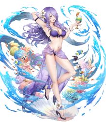 Rule 34 | 1girl, armpits, bikini, bracelet, breasts, camilla (fire emblem), camilla (summer) (fire emblem), cleavage, clownfish, cup, drinking glass, feet, female focus, fire emblem, fire emblem fates, fire emblem heroes, fish, flower, food, fruit, full body, hair flower, hair ornament, hair over one eye, high heels, highres, holding, jewelry, large breasts, long hair, matching hair/eyes, nail polish, navel, nintendo, official art, open mouth, purple eyes, purple hair, purple nails, sandals, sarong, sideboob, smile, solo, swimsuit, toenail polish, toenails, toes, transparent background